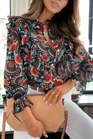 Y2K Paisley Print Sheer Chiffon Button-Up Blouse