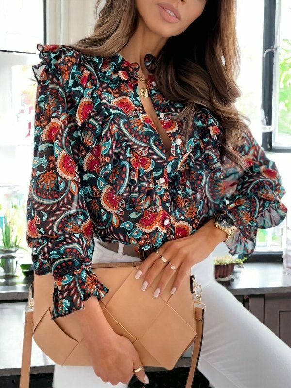 Y2K Paisley Print Sheer Chiffon Button-Up Blouse