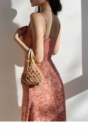 Y2K Pale Pink Floral Midi Strap Dress - Streetwear Aesthetic