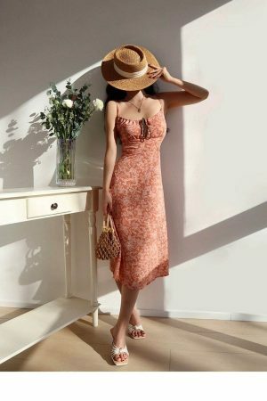 Y2K Pale Pink Floral Midi Strap Dress - Streetwear Aesthetic