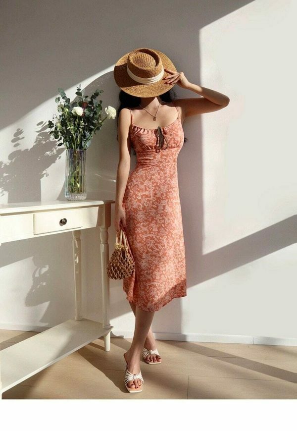 Y2K Pale Pink Floral Midi Strap Dress - Streetwear Aesthetic