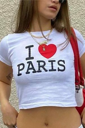 Y2K Paris Love Slogan Crop Tee Streetwear Harajuku Goth Letter Print Cute Baby E-girls White Top