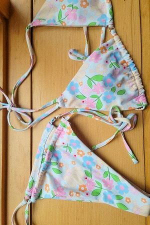 Y2K Pastel Flower Cheeky String Bikini - Popular White Swimwear