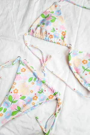 Y2K Pastel Flower Cheeky String Bikini - Popular White Swimwear