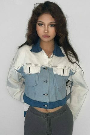 Y2K Patchwork Denim Jacket Streetwear Cropped Jean Coat Women's Fashion