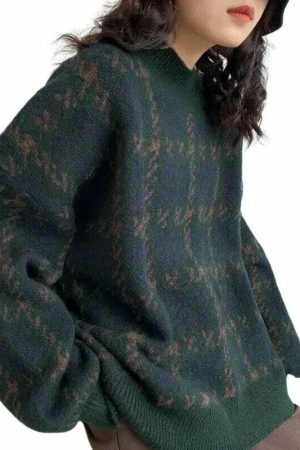 Y2K Patchwork Knitted Sweater, Oversized Loose Fit Vintage Grandpa Style Patterned Winter Top