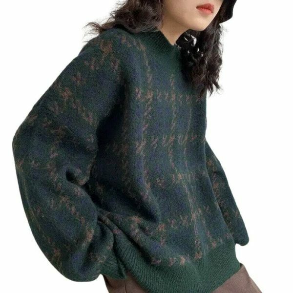 Y2K Patchwork Knitted Sweater, Oversized Loose Fit Vintage Grandpa Style Patterned Winter Top