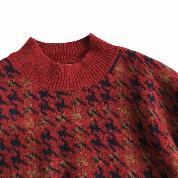 Y2K Patchwork Knitted Sweater, Oversized Loose Fit Vintage Grandpa Style Patterned Winter Top