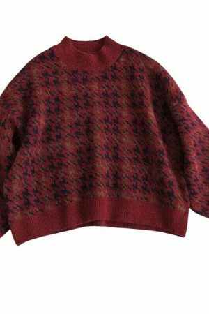 Y2K Patchwork Knitted Sweater, Oversized Loose Fit Vintage Grandpa Style Patterned Winter Top