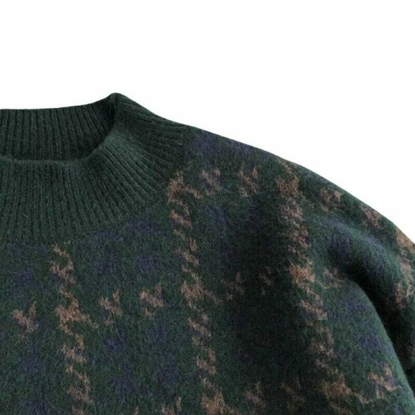 Y2K Patchwork Knitted Sweater, Oversized Loose Fit Vintage Grandpa Style Patterned Winter Top