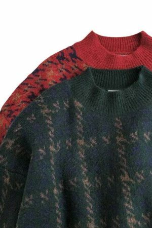 Y2K Patchwork Knitted Sweater, Oversized Loose Fit Vintage Grandpa Style Patterned Winter Top