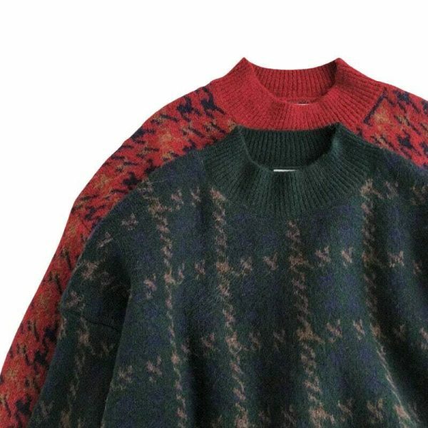 Y2K Patchwork Knitted Sweater, Oversized Loose Fit Vintage Grandpa Style Patterned Winter Top