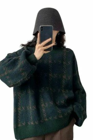 Y2K Patchwork Knitted Sweater, Oversized Loose Fit Vintage Grandpa Style Patterned Winter Top