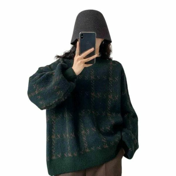 Y2K Patchwork Knitted Sweater, Oversized Loose Fit Vintage Grandpa Style Patterned Winter Top