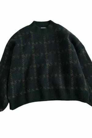 Y2K Patchwork Knitted Sweater, Oversized Loose Fit Vintage Grandpa Style Patterned Winter Top