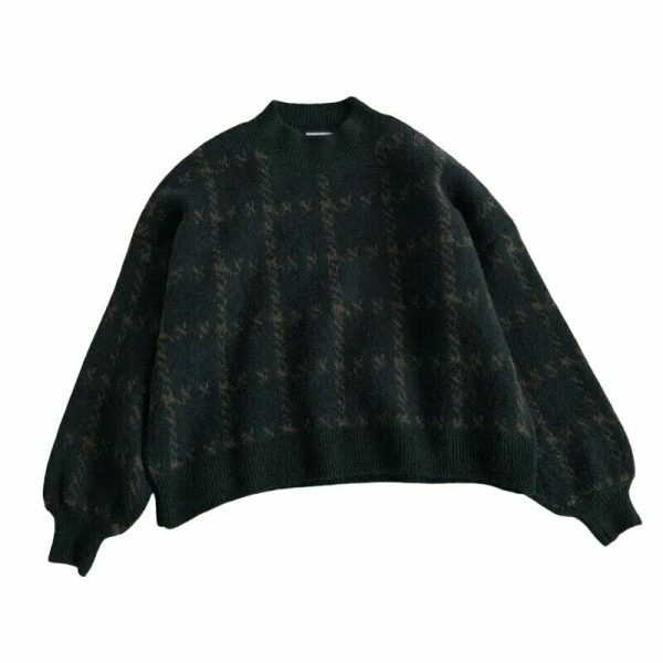 Y2K Patchwork Knitted Sweater, Oversized Loose Fit Vintage Grandpa Style Patterned Winter Top