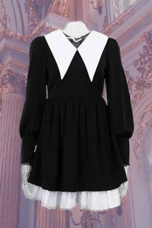 Y2K Peter Pan Collar Dress for Women, Dark Academia Black Chic Party Outfit