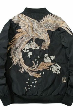 Y2K Phoenix Embroidered Oversized Bomber Jacket - Harajuku Japanese Streetwear