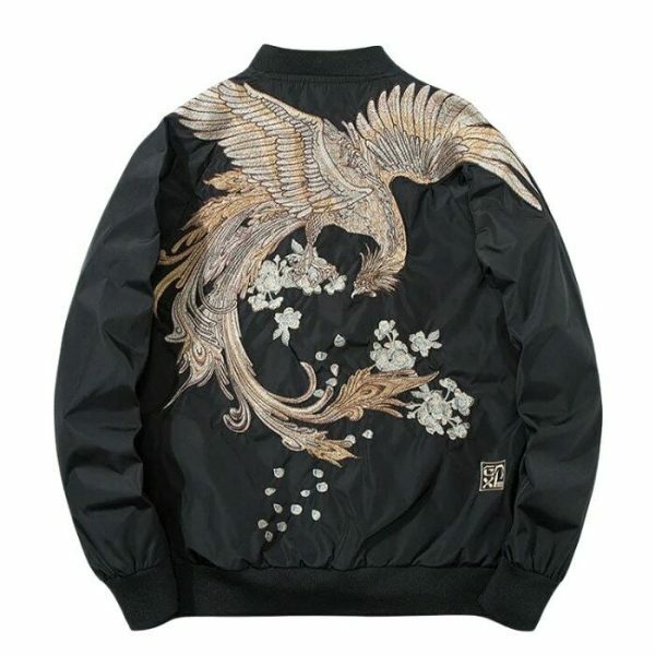 Y2K Phoenix Embroidered Oversized Bomber Jacket - Harajuku Japanese Streetwear