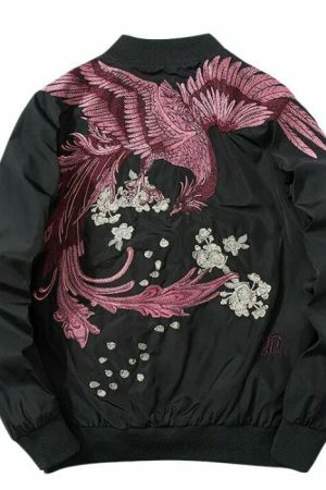 Y2K Phoenix Embroidered Oversized Bomber Jacket - Harajuku Japanese Streetwear