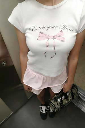 Y2K Pink Bow Angel Baby Heart Protection Crop Top - Coquette Aesthetic, Soft Girl Era, 2000s Streetwear