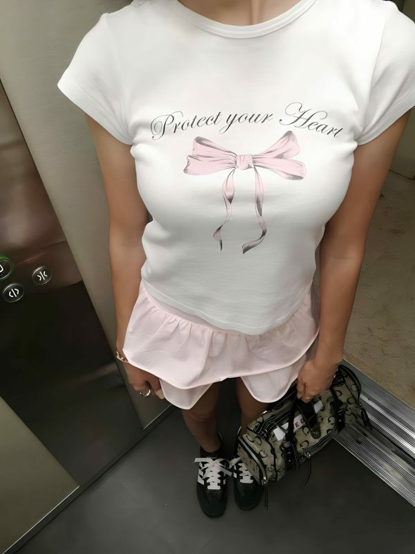 Y2K Pink Bow Angel Baby Heart Protection Crop Top - Coquette Aesthetic, Soft Girl Era, 2000s Streetwear