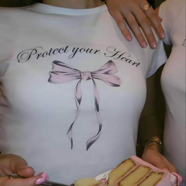 Y2K Pink Bow Angel Baby Heart Protection Crop Top - Coquette Aesthetic, Soft Girl Era, 2000s Streetwear