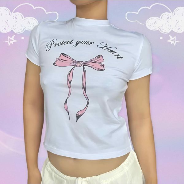 Y2K Pink Bow Angel Baby Heart Protection Crop Top - Coquette Aesthetic, Soft Girl Era, 2000s Streetwear