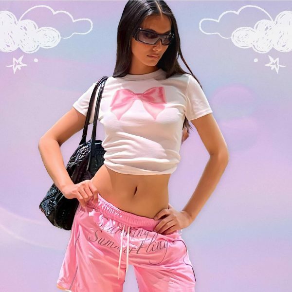 Y2K Pink Bow Crop Top Baby Tee - Coquette Clothing, Soft Girl Era Aesthetic