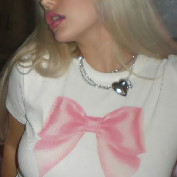 Y2K Pink Bow Crop Top Baby Tee - Coquette Clothing, Soft Girl Era Aesthetic