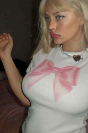 Y2K Pink Bow Crop Top Baby Tee - Coquette Clothing, Soft Girl Era Aesthetic