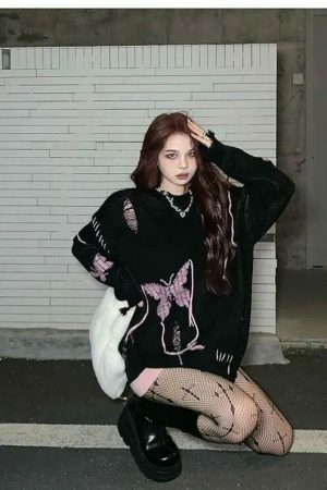 Y2K Pink Butterfly Streetwear Sweater