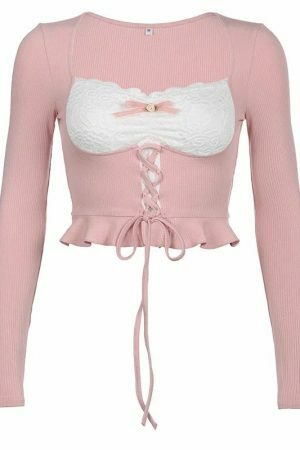 Y2K Pink Coquette Lace Streetwear Top