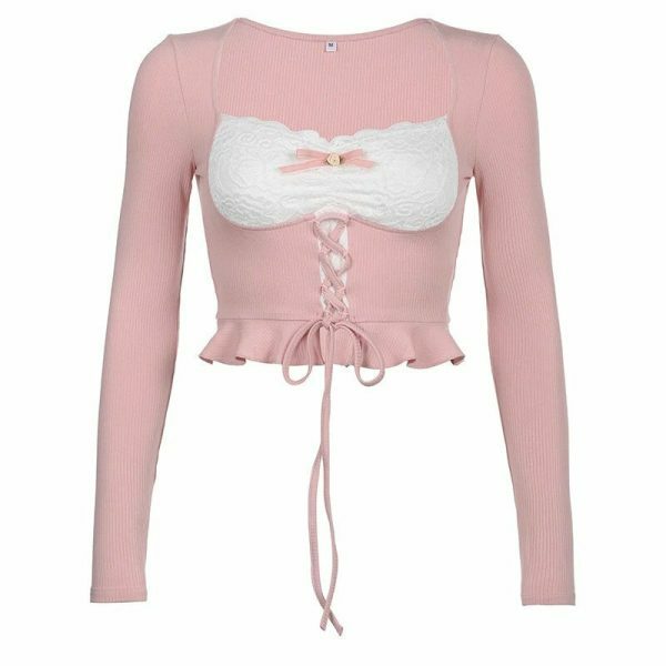 Y2K Pink Coquette Lace Streetwear Top