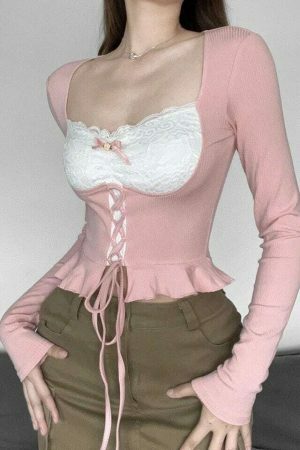 Y2K Pink Coquette Lace Streetwear Top