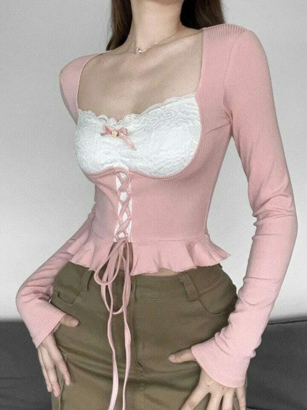 Y2K Pink Coquette Lace Streetwear Top