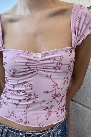 Y2K Pink Floral Milkmaid Tank Top - Streetwear Crop Top