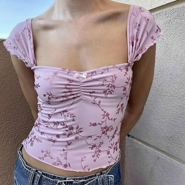 Y2K Pink Floral Milkmaid Tank Top - Streetwear Crop Top