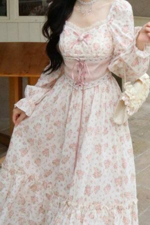 Y2K Pink Floral Princess Midi Dress for Women