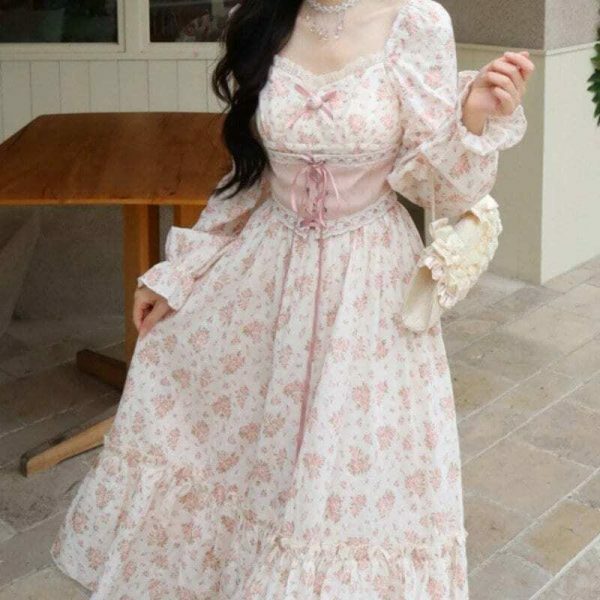 Y2K Pink Floral Princess Midi Dress for Women