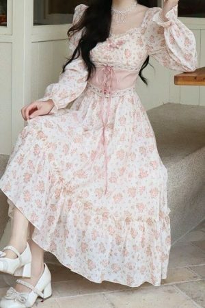 Y2K Pink Floral Princess Midi Dress for Women