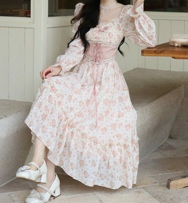 Y2K Pink Floral Princess Midi Dress for Women