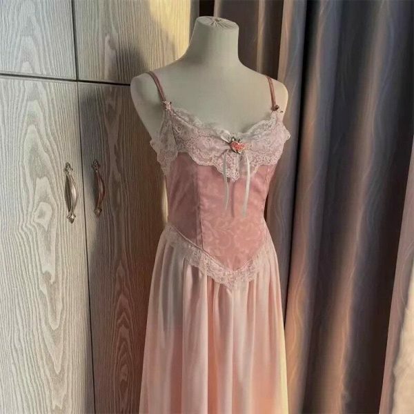 Y2K Pink French Elegant Long Dress for Women