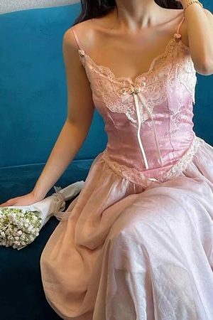 Y2K Pink French Elegant Long Dress for Women