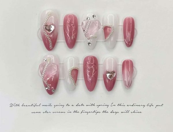 Y2K Pink Handmade Press-On Nails | Full Cover False Manicure with Heart Designs