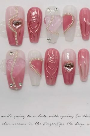 Y2K Pink Handmade Press-On Nails | Full Cover False Manicure with Heart Designs