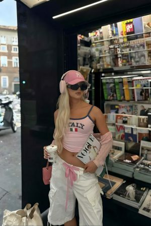 Y2K Pink Italy Tank Top - Angel Baby Aesthetic Crop Tee