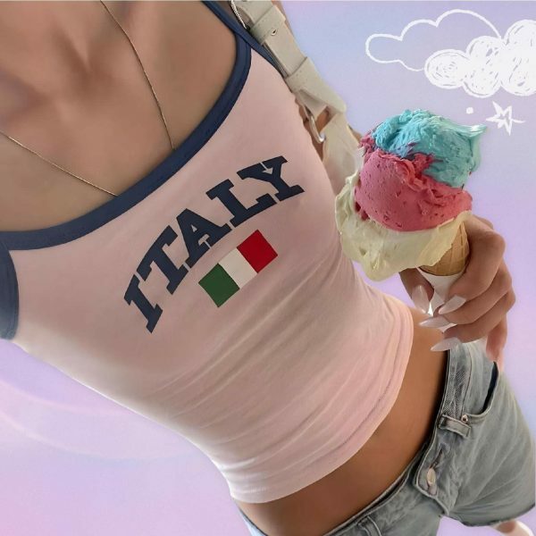 Y2K Pink Italy Tank Top - Angel Baby Aesthetic Crop Tee