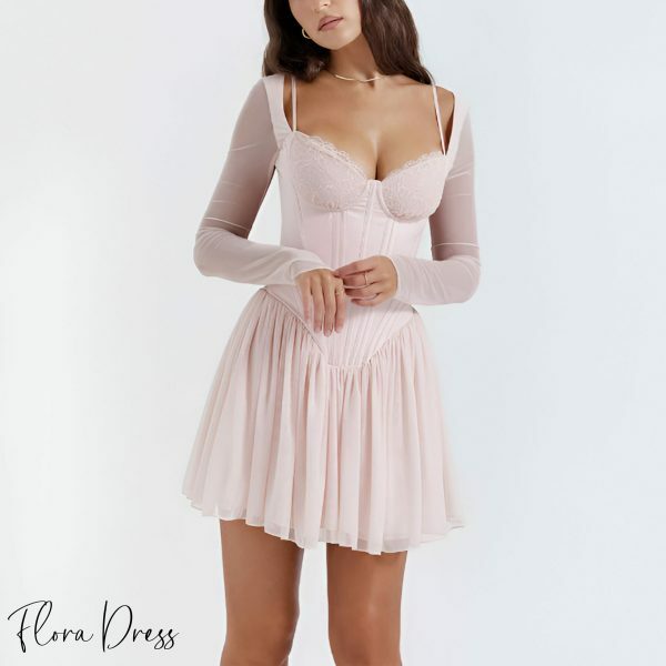 Y2K Pink Lace Corset Mini Dress with Tulle - Coquette Aesthetic