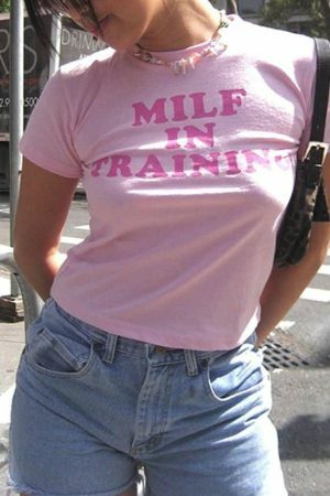 Y2K Pink MILF In Training Slogan Crop Tee Streetwear Top